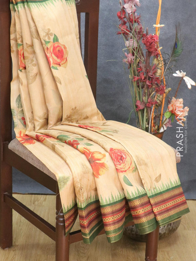 Semi tussar dupion saree sandal and green with allover floral prints and vidarbha style border - {{ collection.title }} by Prashanti Sarees