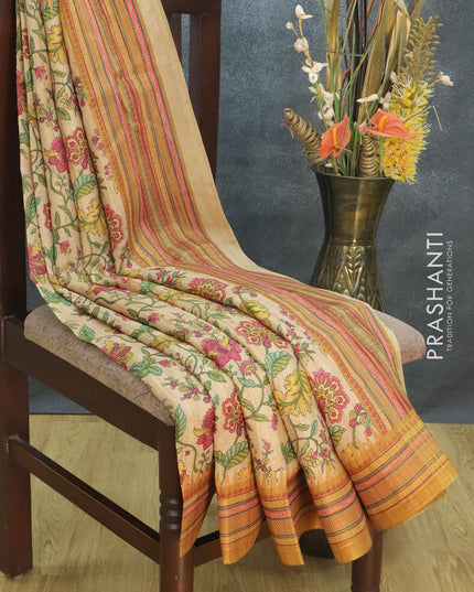 Semi tussar dupion saree sandal and mustard yellow with allover prints and vidarbha style border - {{ collection.title }} by Prashanti Sarees