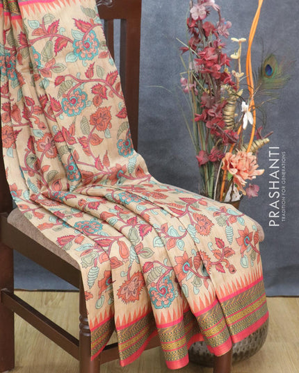 Semi tussar dupion saree sandal and pink with allover prints and vidarbha style border - {{ collection.title }} by Prashanti Sarees