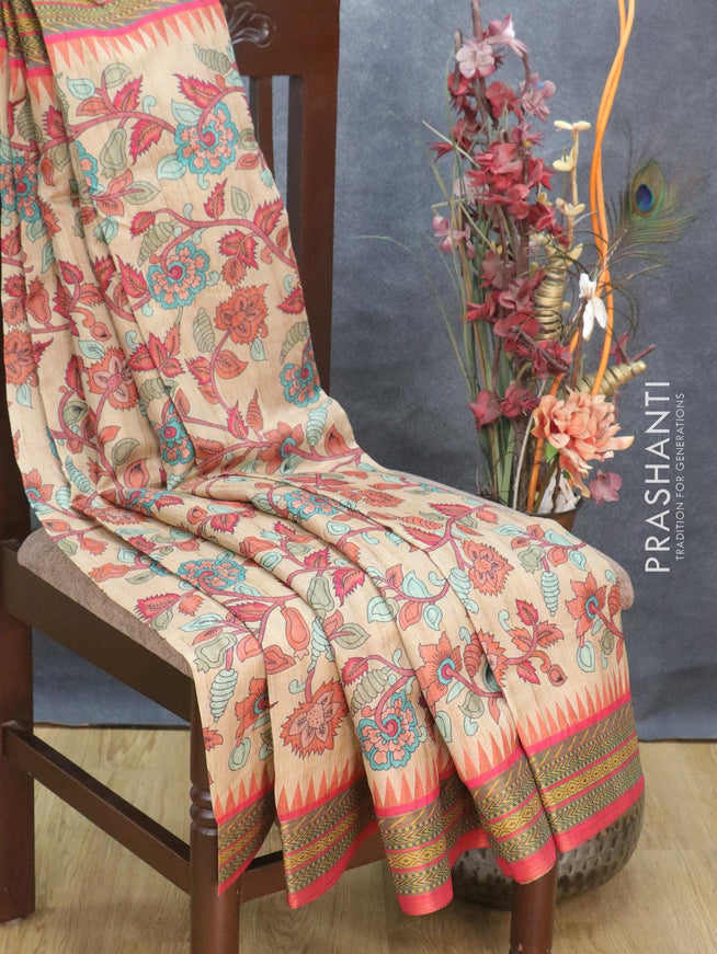 Semi tussar dupion saree sandal and pink with allover prints and vidarbha style border - {{ collection.title }} by Prashanti Sarees