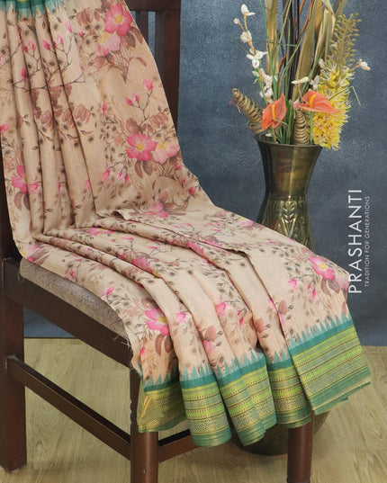 Semi tussar dupion saree sandal and teal green with allover floral prints and vidarbha style border - {{ collection.title }} by Prashanti Sarees