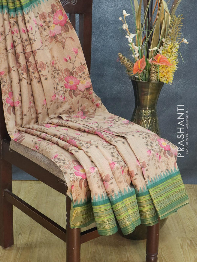 Semi tussar dupion saree sandal and teal green with allover floral prints and vidarbha style border - {{ collection.title }} by Prashanti Sarees