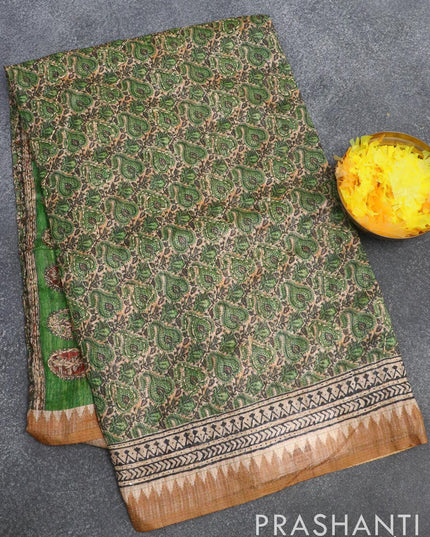 Semi tussar saree beige green and mustard shade with allover prints & kantha stitch work and printed border - {{ collection.title }} by Prashanti Sarees