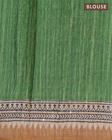 Semi tussar saree beige green and mustard shade with allover prints & kantha stitch work and printed border - {{ collection.title }} by Prashanti Sarees