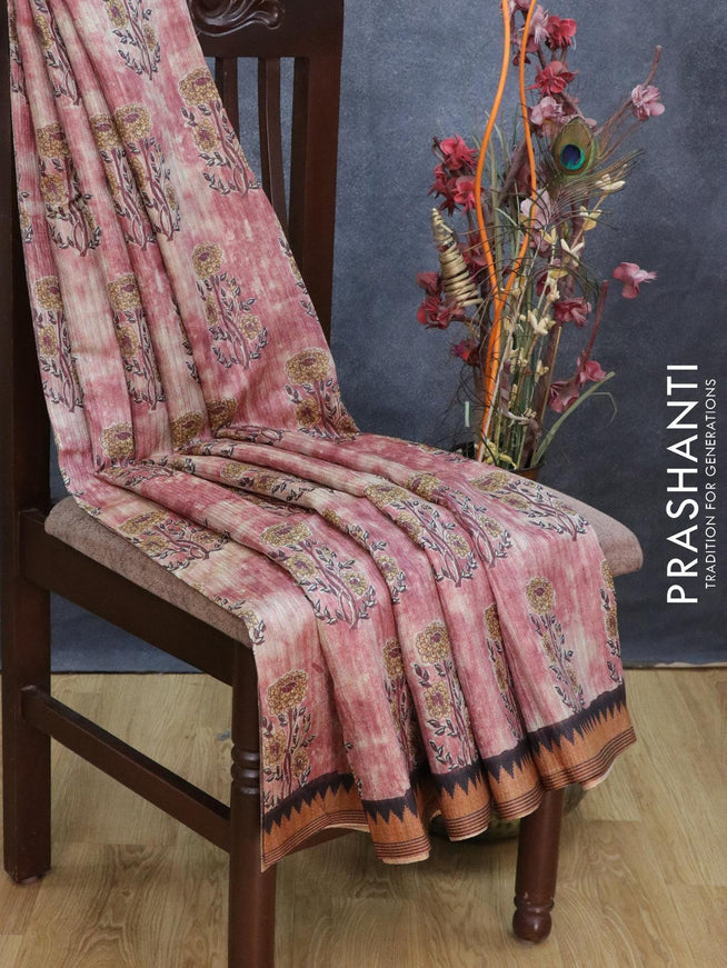 Semi tussar saree beige maroon and dark sandal with allover floral prints and gicha border - RFQ2560 - {{ collection.title }} by Prashanti Sarees