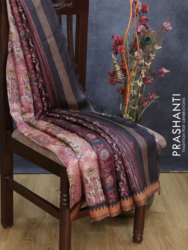 Semi tussar saree beige maroon and dark sandal with allover floral prints and gicha border - RFQ2560 - {{ collection.title }} by Prashanti Sarees