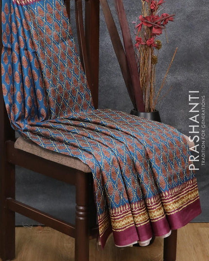 Semi tussar saree blue and magenta pink with allover prints & kantha stitch work and printed border - {{ collection.title }} by Prashanti Sarees