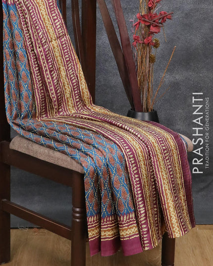Semi tussar saree blue and magenta pink with allover prints & kantha stitch work and printed border - {{ collection.title }} by Prashanti Sarees