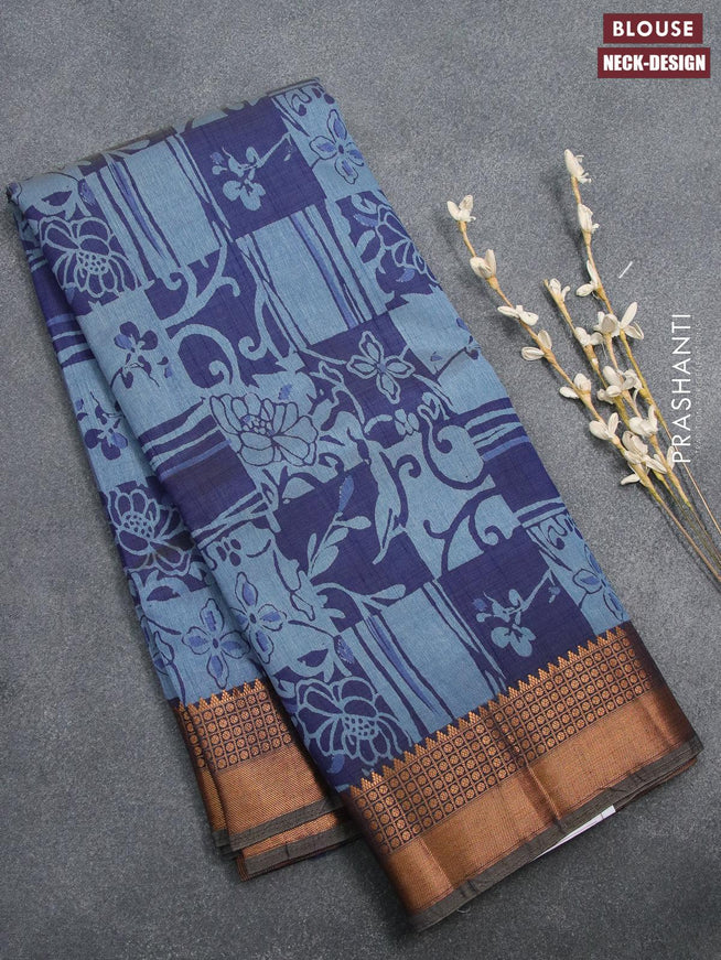 Semi tussar saree blue with allover prints and zari woven border - {{ collection.title }} by Prashanti Sarees
