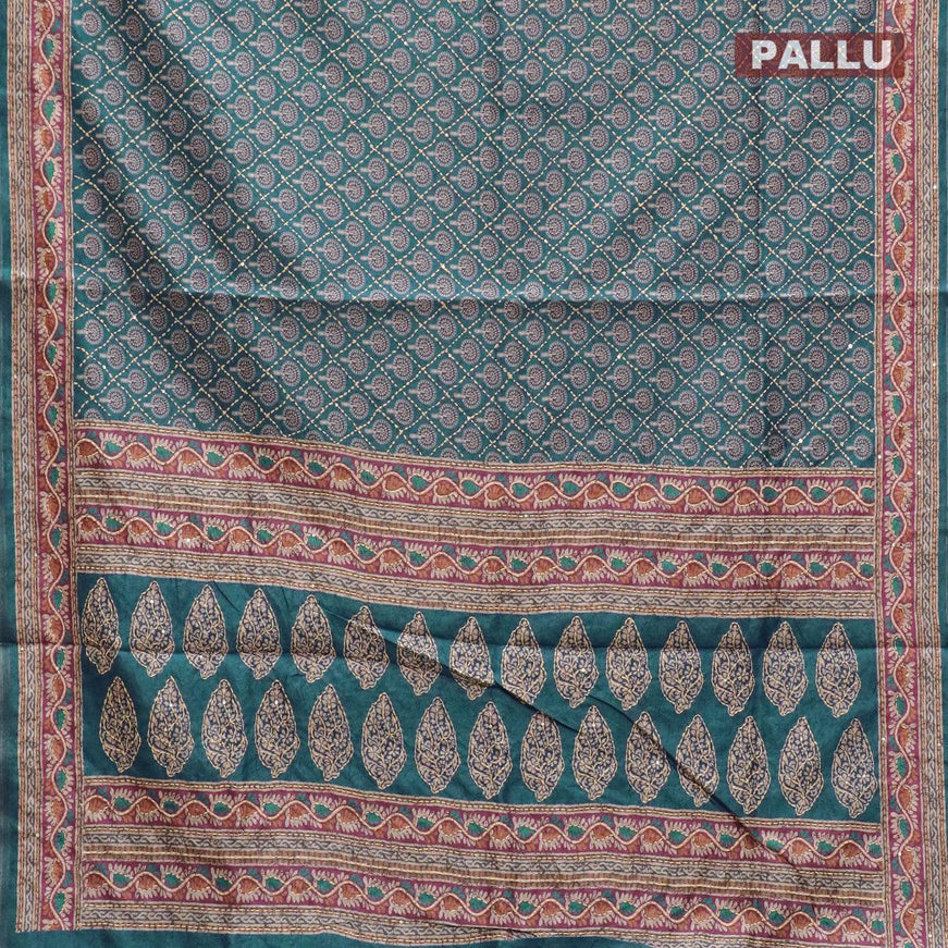 Semi tussar saree blue with butta prints & kantha stitch work and kantha stitch work border - {{ collection.title }} by Prashanti Sarees