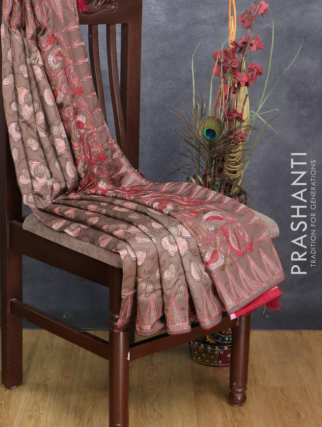 Semi tussar saree brown and maroon with allover prints and embroidery work border - {{ collection.title }} by Prashanti Sarees