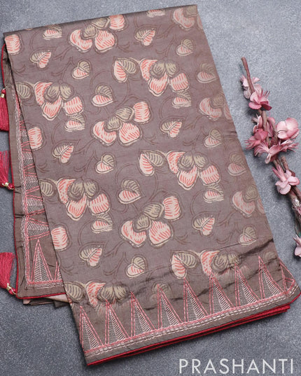 Semi tussar saree brown shade and maroon with allover prints and embroidery work border - {{ collection.title }} by Prashanti Sarees