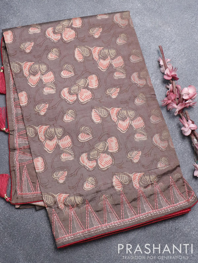 Semi tussar saree brown shade and maroon with allover prints and embroidery work border - {{ collection.title }} by Prashanti Sarees