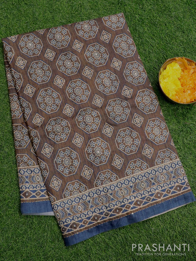 Semi tussar saree brown shade with ajrakh prints & kantha stitch work and printed border - {{ collection.title }} by Prashanti Sarees
