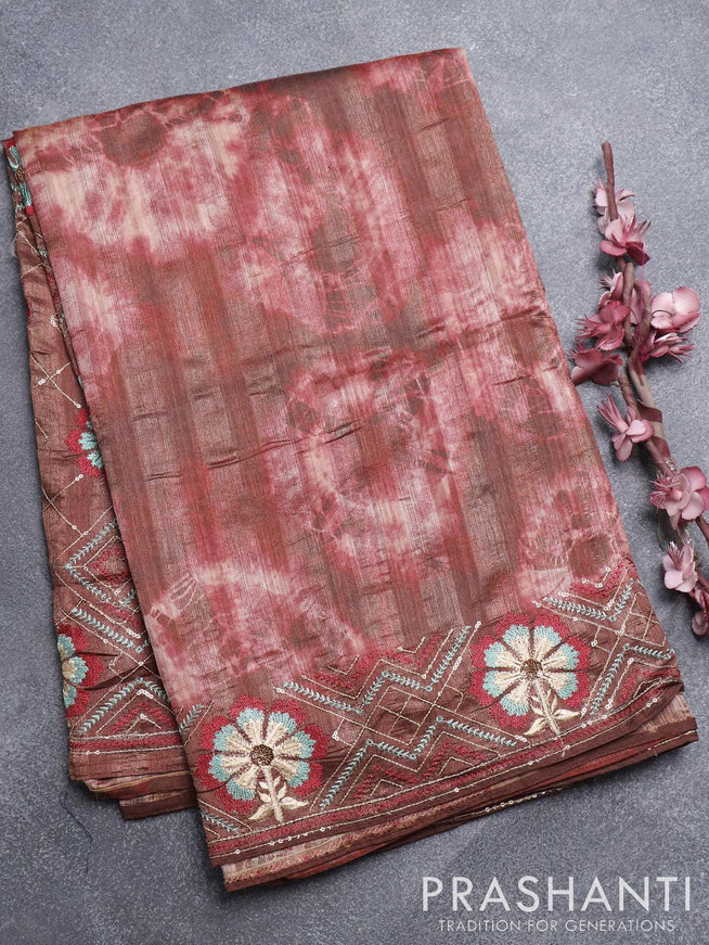 Semi tussar saree brown shade with batik prints and floral design embroidery work border - {{ collection.title }} by Prashanti Sarees