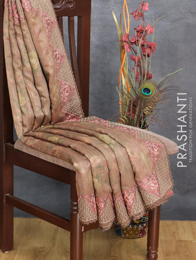 Semi tussar saree brown with allover floral prints and embroidery work border - {{ collection.title }} by Prashanti Sarees