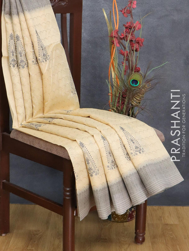 Semi tussar saree cream and grey with allover embroidery work and printed border - {{ collection.title }} by Prashanti Sarees
