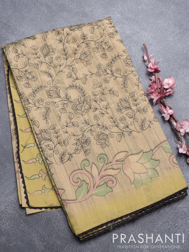 Semi tussar saree dark beige with allover embroidery work and floral printed border - {{ collection.title }} by Prashanti Sarees