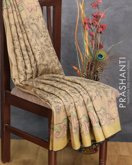 Semi tussar saree dark beige with allover embroidery work and floral printed border - {{ collection.title }} by Prashanti Sarees