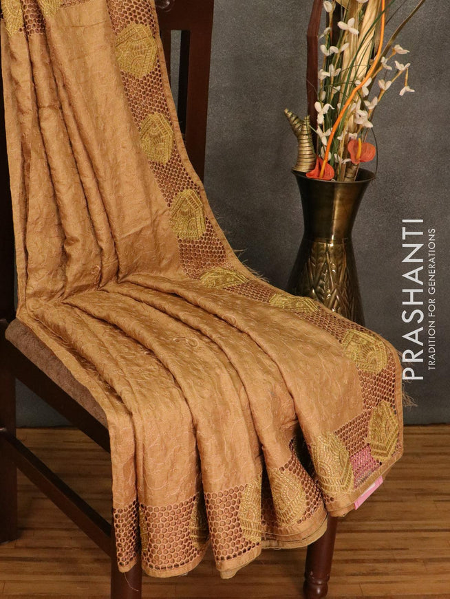 Semi tussar saree dark beige with embroidery and cut work - {{ collection.title }} by Prashanti Sarees