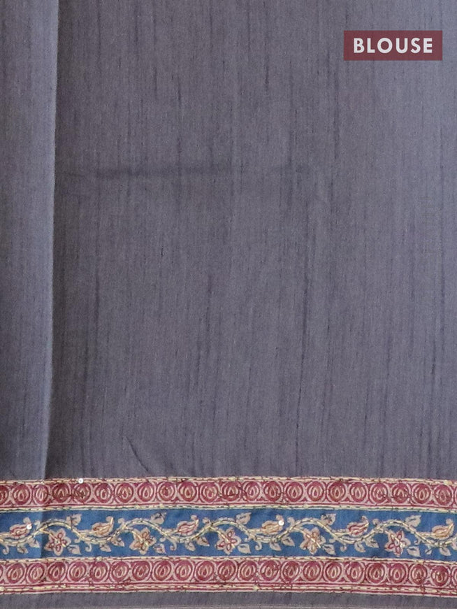 Semi tussar saree dark grey with allover floral prints & kantha stitch work and kantha stitch work border - {{ collection.title }} by Prashanti Sarees