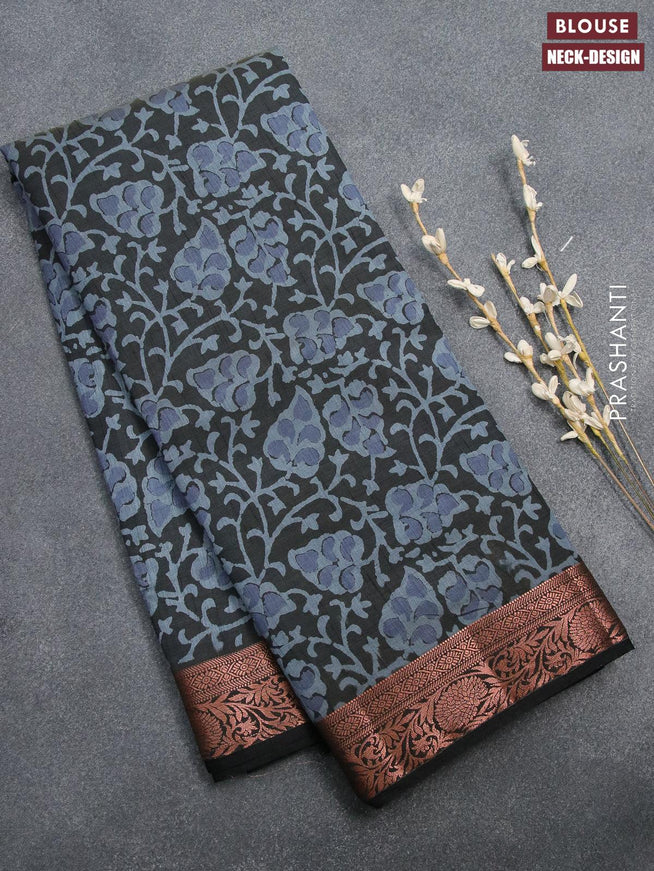 Semi tussar saree dark grey with allover prints and copper zari woven border - {{ collection.title }} by Prashanti Sarees