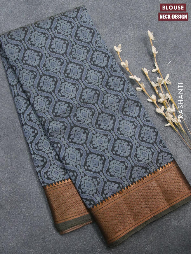 Semi tussar saree dark grey with allover prints and zari woven border - {{ collection.title }} by Prashanti Sarees