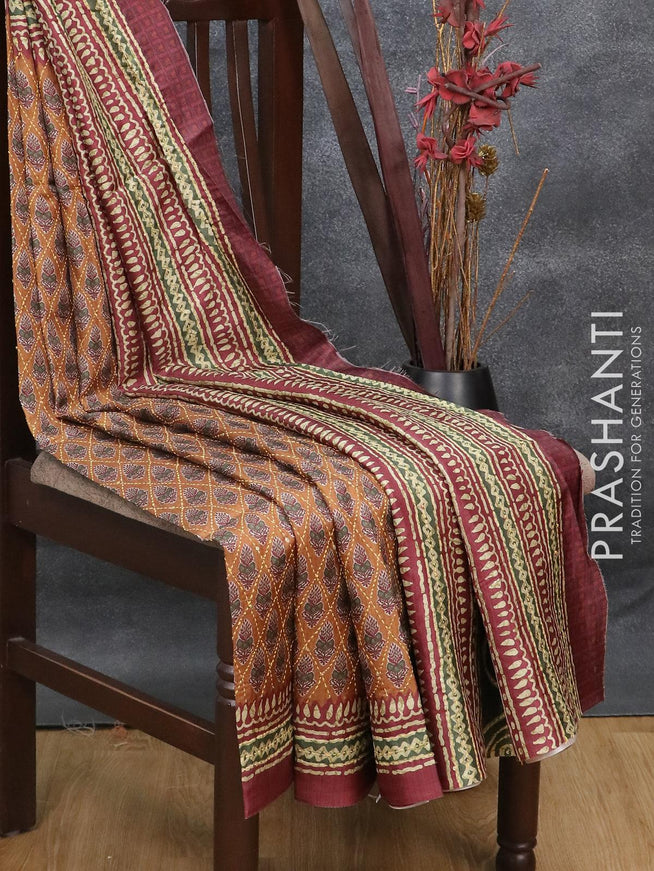 Semi tussar saree dark muistard and maroon shade with allover prints & kantha stitch work and printed border - {{ collection.title }} by Prashanti Sarees