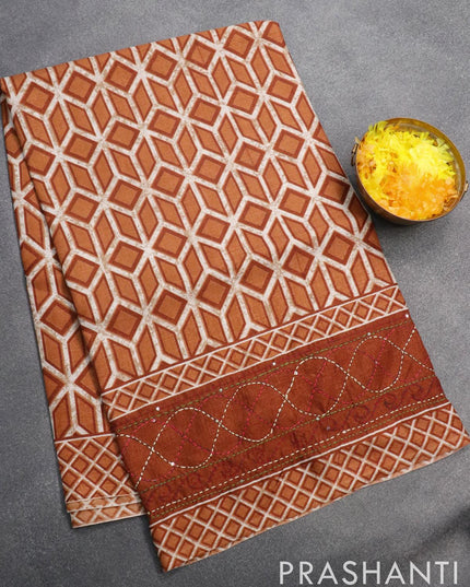 Semi tussar saree dark mustard and rust shade with allover geometric prints and kantha stitch border - {{ collection.title }} by Prashanti Sarees