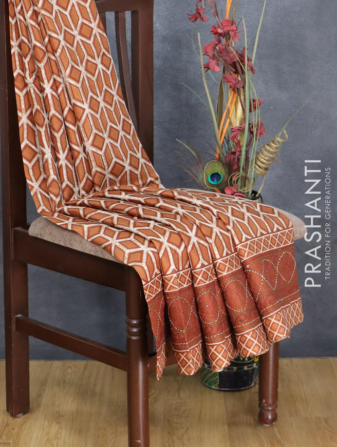 Semi tussar saree dark mustard and rust shade with allover geometric prints and kantha stitch border - {{ collection.title }} by Prashanti Sarees