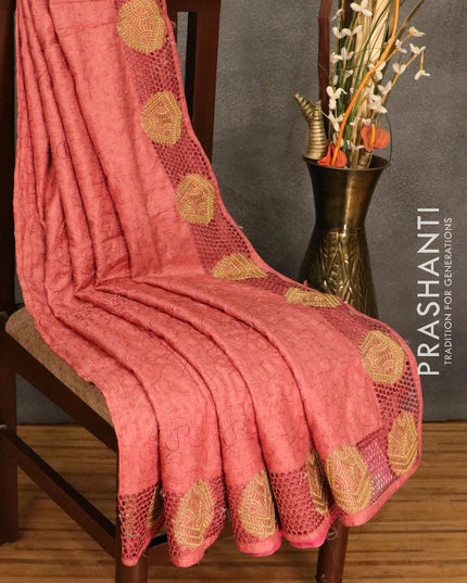 Semi tussar saree dark peach with embroidery and cut work - {{ collection.title }} by Prashanti Sarees