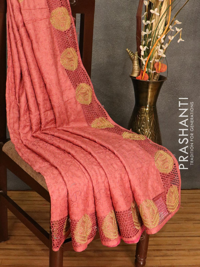 Semi tussar saree dark peach with embroidery and cut work - {{ collection.title }} by Prashanti Sarees