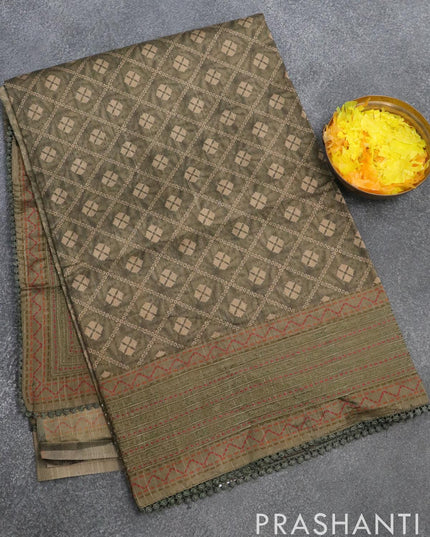 Semi tussar saree dark sap green with allover bandhani prints and kantha stitch work border - {{ collection.title }} by Prashanti Sarees