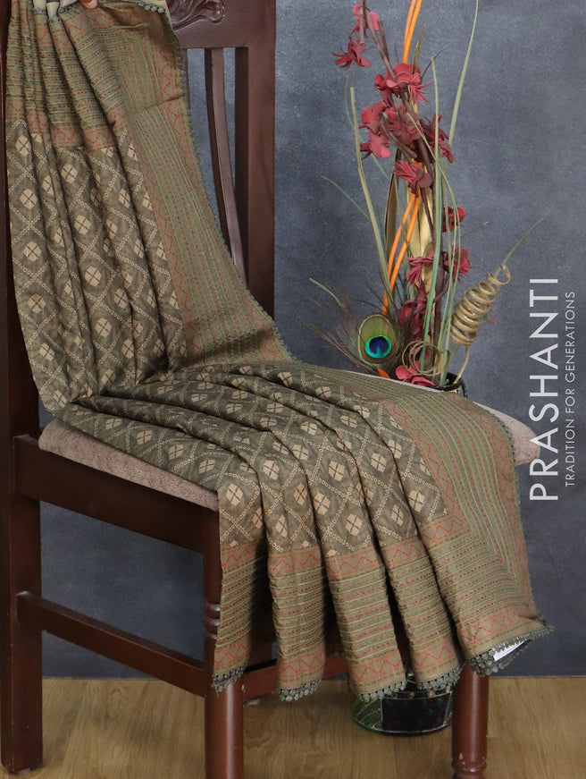 Semi tussar saree dark sap green with allover bandhani prints and kantha stitch work border - {{ collection.title }} by Prashanti Sarees