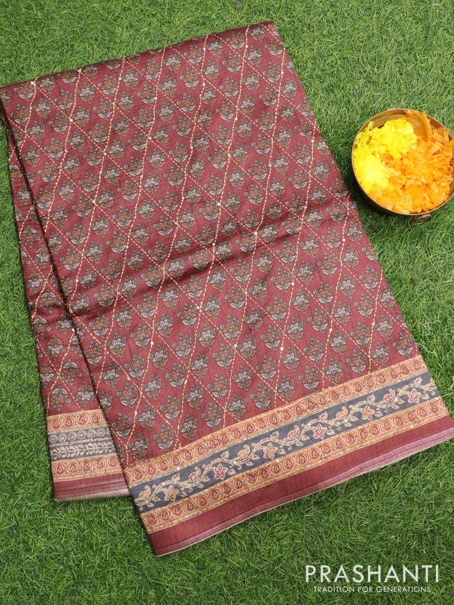 Semi tussar saree deep maroon with allover floral prints & kantha stitch work and kantha stitch work border - {{ collection.title }} by Prashanti Sarees