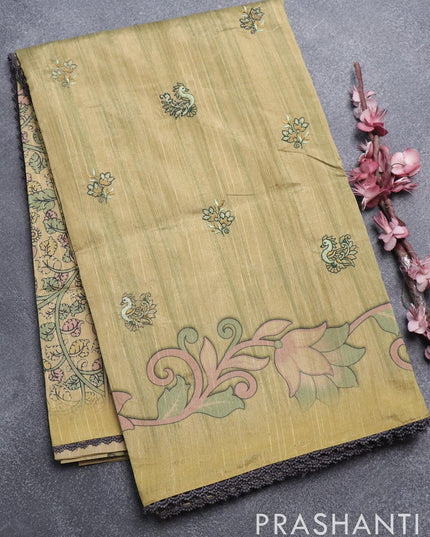 Semi tussar saree elachi green with embroidery work and printed border - {{ collection.title }} by Prashanti Sarees