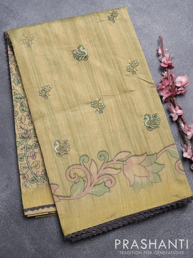 Semi tussar saree elachi green with embroidery work and printed border - {{ collection.title }} by Prashanti Sarees