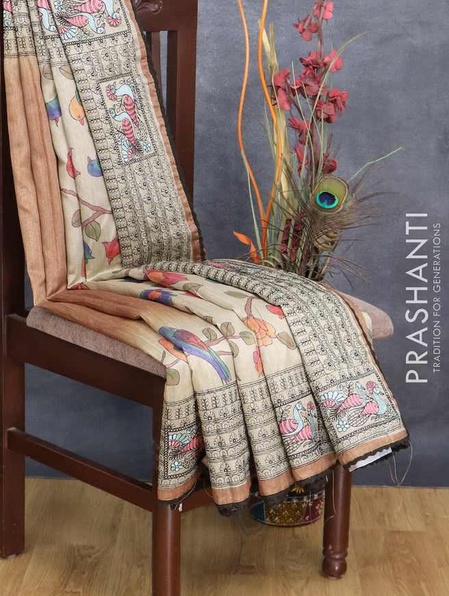 Semi tussar saree elaichi green and brown with allover kalamkari prints and embroidery work border - {{ collection.title }} by Prashanti Sarees