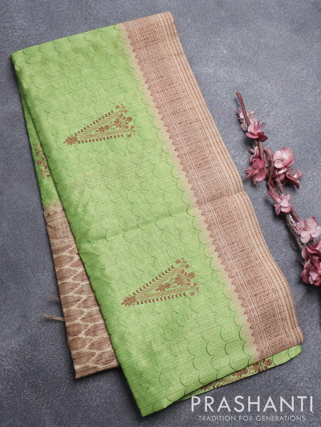 Semi tussar saree green and beige with allover embroidery work and printed border - {{ collection.title }} by Prashanti Sarees