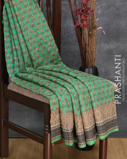 Semi tussar saree green and chikku shade with allover butta prints & kantha stitch work and printed border - {{ collection.title }} by Prashanti Sarees
