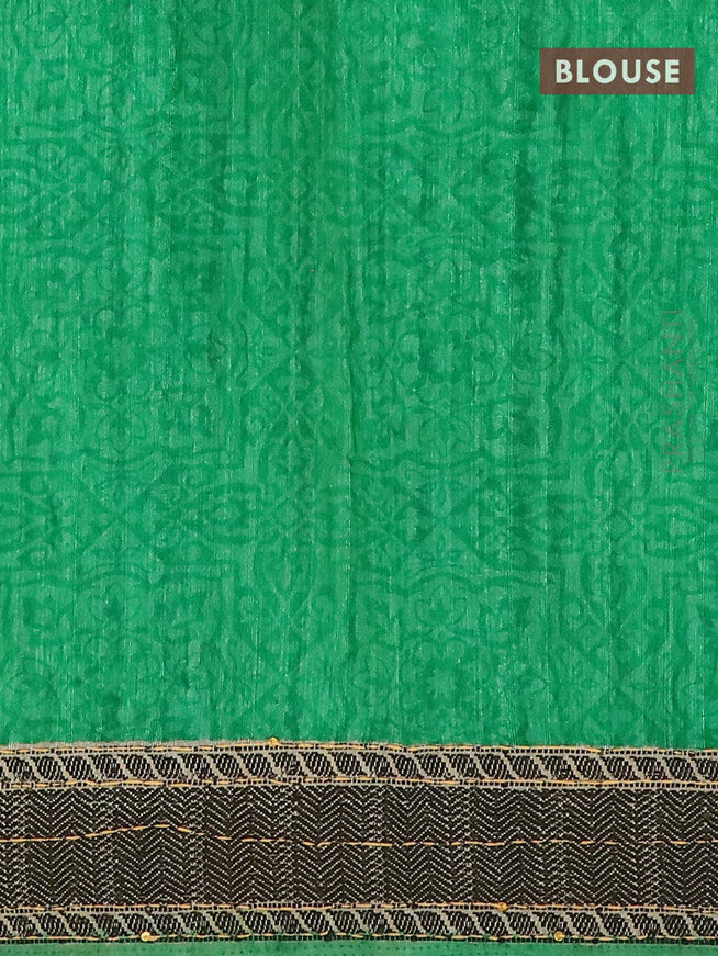Semi tussar saree green and chikku shade with allover butta prints & kantha stitch work and printed border - {{ collection.title }} by Prashanti Sarees