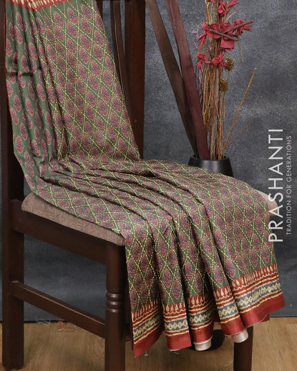 Semi tussar saree green and rust shade with allover prints & kantha stitch work and printed border - {{ collection.title }} by Prashanti Sarees