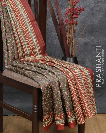 Semi tussar saree green and rust shade with allover prints & kantha stitch work and printed border - {{ collection.title }} by Prashanti Sarees