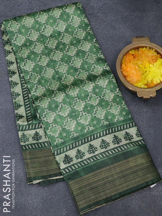 Semi tussar saree green shade with allover prints and zari woven border - {{ collection.title }} by Prashanti Sarees
