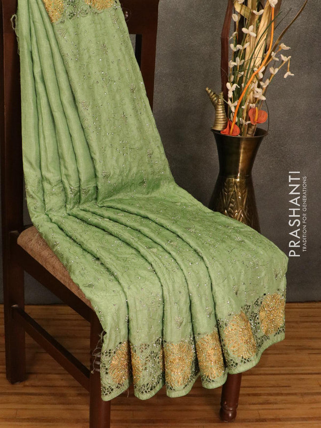 Semi tussar saree green shade with embroidery and cut work - {{ collection.title }} by Prashanti Sarees