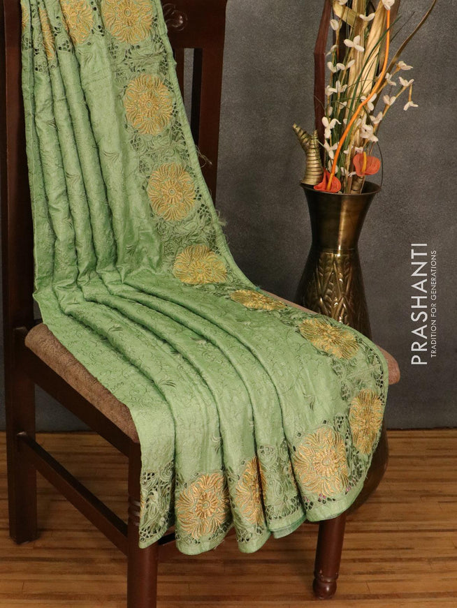 Semi tussar saree green shade with embroidery and cut work - {{ collection.title }} by Prashanti Sarees