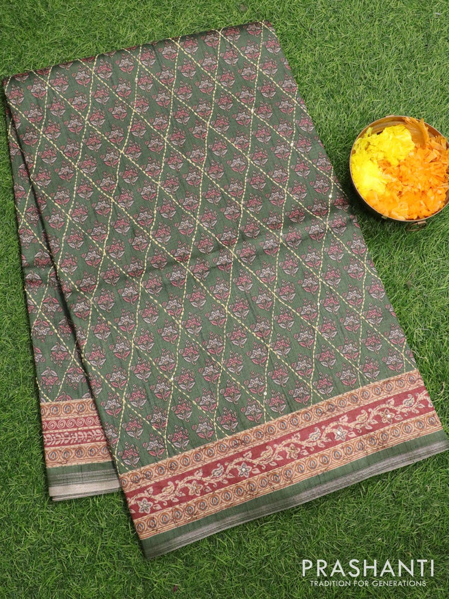 Semi tussar saree green with allover floral prints & kantha stitch work and kantha stitch work border - {{ collection.title }} by Prashanti Sarees