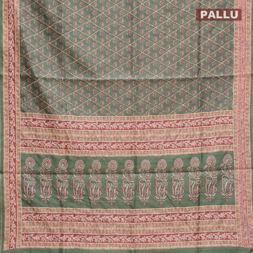 Semi tussar saree green with allover floral prints & kantha stitch work and kantha stitch work border - {{ collection.title }} by Prashanti Sarees