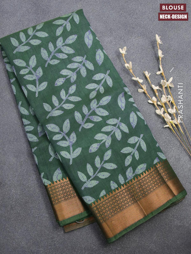 Semi tussar saree green with allover leaf prints and zari woven border - {{ collection.title }} by Prashanti Sarees