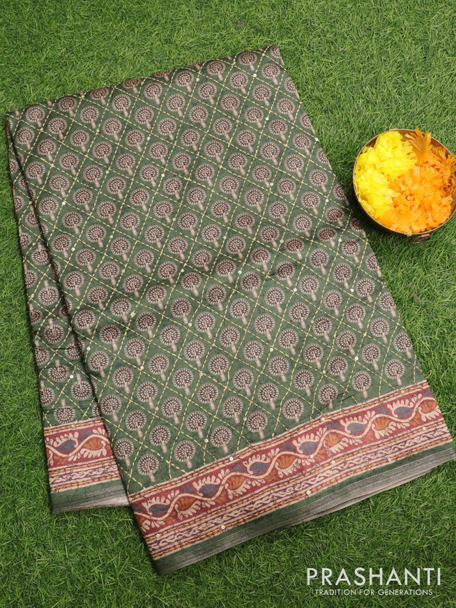 Semi tussar saree green with butta prints & kantha stitch work and kantha stitch work border - {{ collection.title }} by Prashanti Sarees
